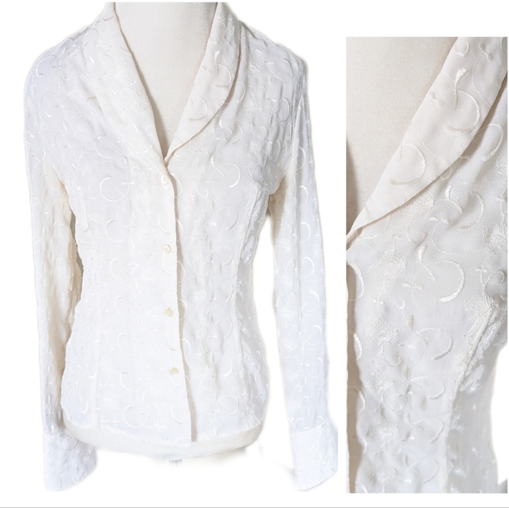 Vintage Y2K Bebe Top White Floral Patterned Button Down Chiffon Long Sleeve